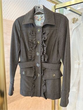 Anthropologie Charcoal Ruffle-Front Belted Jacket